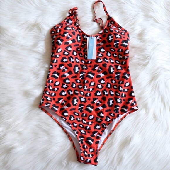 NEW Red Orange Animal Leopard Print One Piece Bathing Suit Size XL - Picture 3 of 9